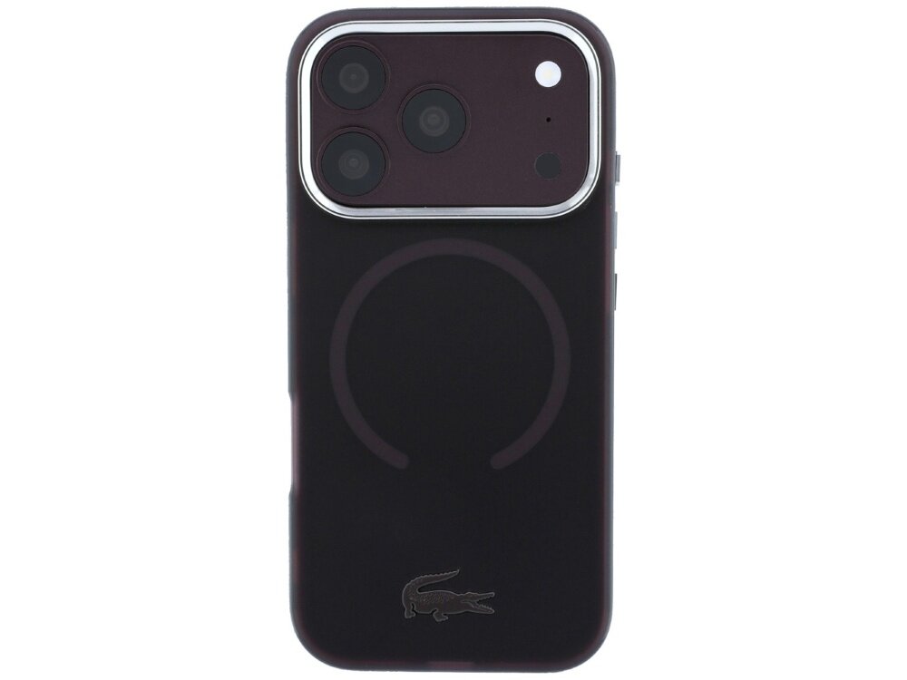 Na obrazie widoczne jest burgundowe etui na telefon z trzema aparatami i logo krokodyla na dole. Etui posiada okrągły wzór wskazujący na kompatybilność z MagSafe.
