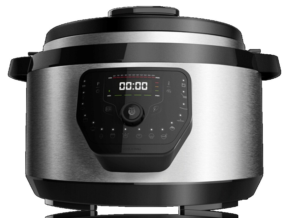 Na obrazie widoczny jest multicooker z metaliczną obudową i czarnym panelem sterowania z wyświetlaczem pokazującym \'00:00\'.