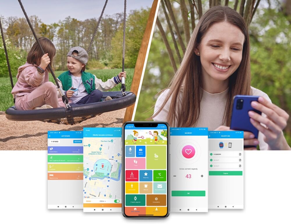 Obraz przedstawia dwoje dzieci bawiących się na huśtawce oraz kobietę trzymającą smartfon. Na dole widoczne są ekrany aplikacji mobilnej z różnymi funkcjami, w tym mapą i monitorem tętna.