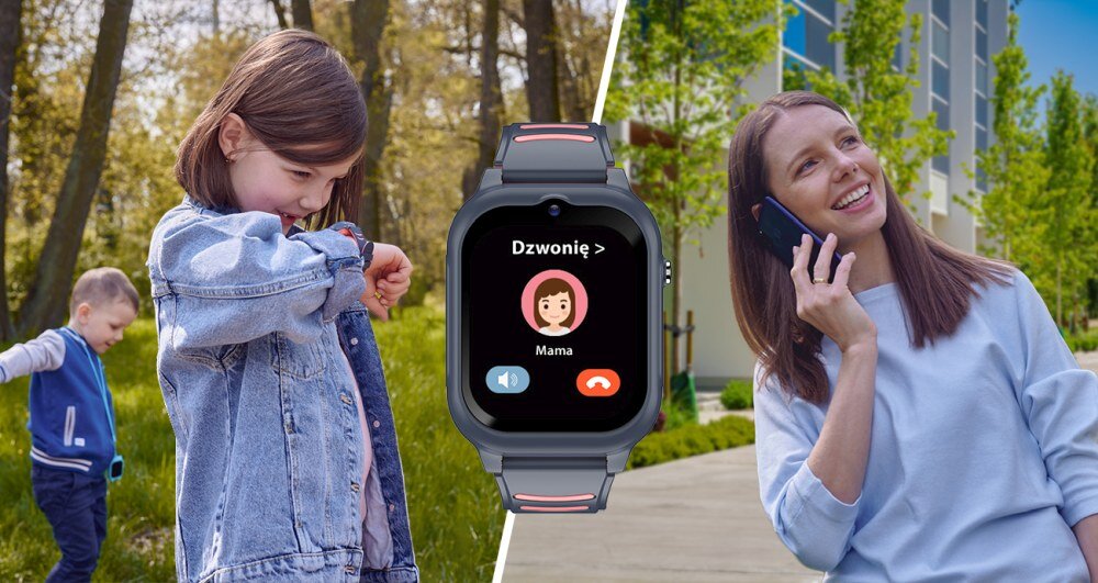 Obraz przedstawia smartwatch z wyświetlaczem pokazującym połączenie z osobą opisaną jako \'Mama\'. Po lewej stronie dziecko patrzy na zegarek, a po prawej kobieta rozmawia przez telefon na tle budynku i drzew.