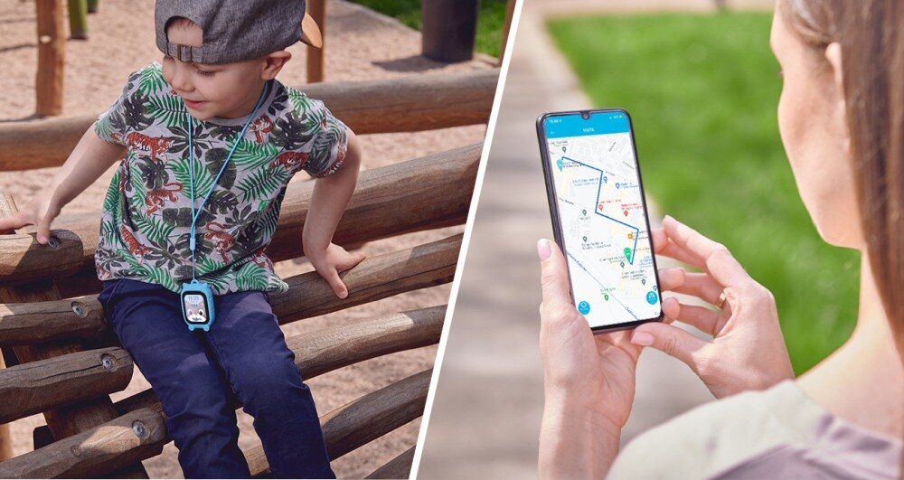 Po lewej stronie dziecko siedzi na drewnianej konstrukcji, nosząc na szyi urządzenie przypominające smartwatch. Po prawej stronie osoba trzyma smartfon z wyświetloną mapą i trasą na ekranie.