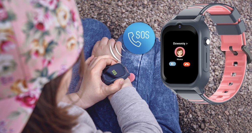 Osoba trzyma urządzenie z przyciskiem \'SOS\', obok widoczny jest smartwatch z ekranem wyświetlającym ikonę połączenia i tekst \'Dzwonię data-genbyai=