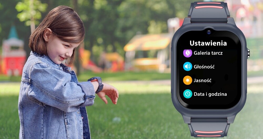 Na obrazie widoczny jest smartwatch z wyświetlaczem pokazującym menu ustawień: Galeria tarcz, Głośność, Jasność, Data i godzina. W tle znajduje się dziecko patrzące na zegarek, a za nim rozmyty krajobraz parku.