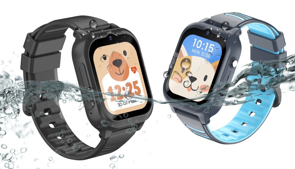 Dwa smartwatche z kolorowymi wyświetlaczami, zanurzone częściowo w wodzie. Na ekranach widoczne są animowane postacie zwierząt oraz godziny: 12:25 i 10:15.