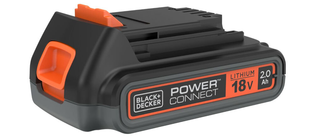 Akumulator BLACK&DECKER BL2018-XJ 2Ah 18V, powerconnect, system, dłużej, 30%, Akumulator na białym tle leży frontem prawo skos