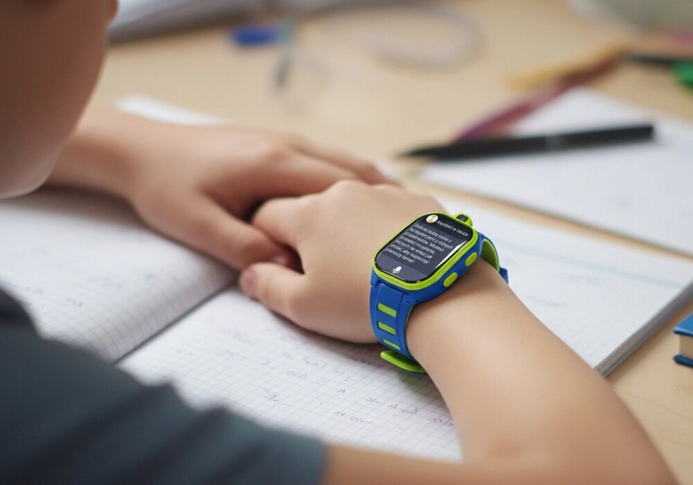 Dziecko siedzi przy biurku, nosząc smartwatch na nadgarstku. Na biurku leży otwarty zeszyt z zapisanymi notatkami oraz długopis.