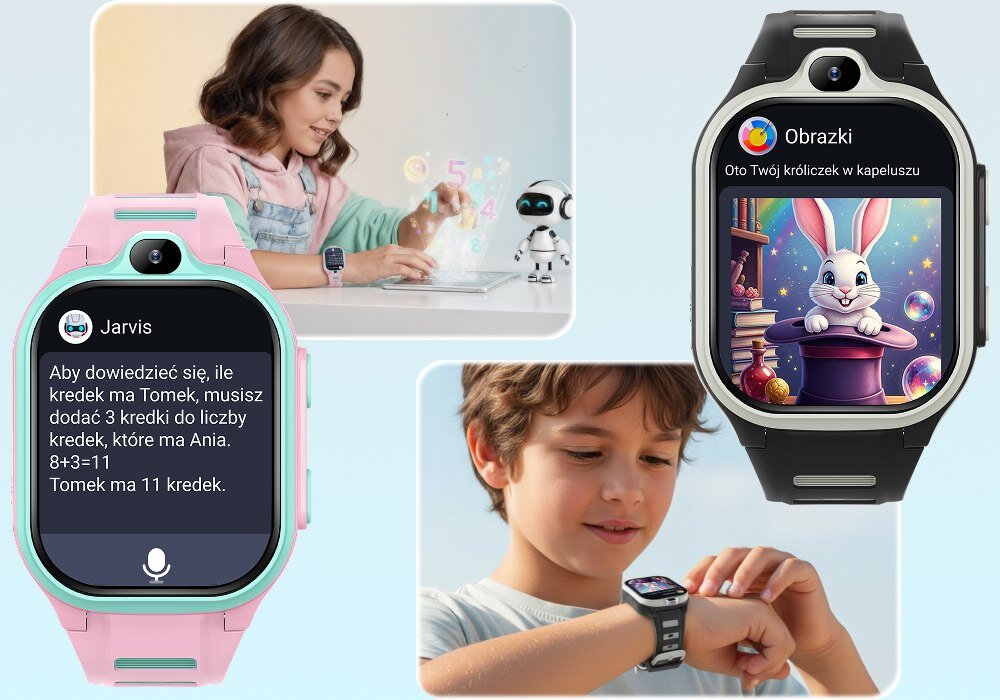 Obraz przedstawia dwa smartwatche z różnymi ekranami oraz dwoje dzieci. Na jednym smartwatchu widoczny jest tekst: \'Aby dowiedzieć się, ile kredek ma Tomek, musisz dodać 3 kredki do liczby kredek, które ma Ania. 8+3=11 Tomek ma 11 kredek.\', a na drugim obrazek królika w kapeluszu z tekstem: \'Oto Twój króliczek w kapeluszu\'.