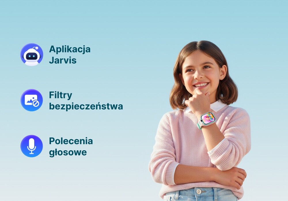Dziewczynka w różowym swetrze nosi smartwatch na nadgarstku. Obok niej widnieją napisy: \'Aplikacja Jarvis\', \'Filtry bezpieczeństwa\', \'Polecenia głosowe\'.