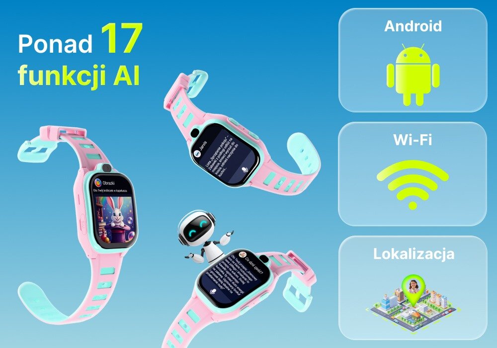 Obraz przedstawia trzy różowe smartwatche z niebieskimi elementami na tle nieba, z wyświetlonymi grafikami i tekstem. Po prawej stronie znajdują się ikony z napisami: Android, Wi-Fi, Lokalizacja oraz tekst \'Ponad 17 funkcji AI\'.