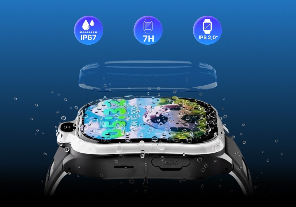 Obraz przedstawia smartwatch z kolorowym wyświetlaczem, na którym widoczne są krople wody. Nad zegarkiem znajdują się ikony z napisami: \'IP67\', \'7H\', \'IPS 2.0\