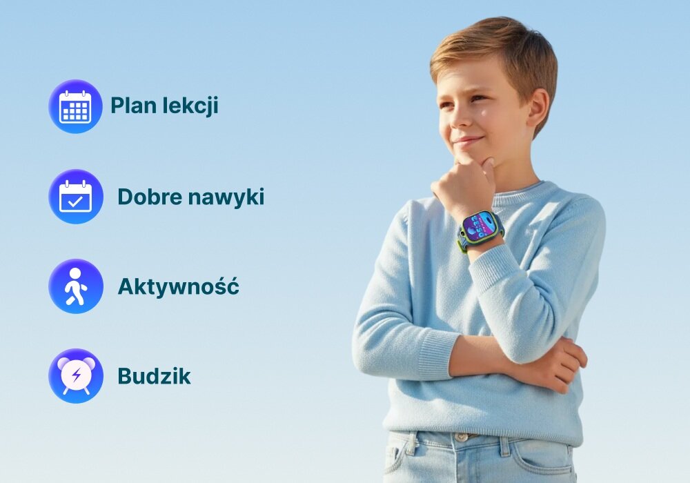 Chłopiec w jasnoniebieskim swetrze nosi smartwatch na nadgarstku. Obok znajdują się ikony z napisami: \'Plan lekcji\', \'Dobre nawyki\', \'Aktywność\', \'Budzik\'.