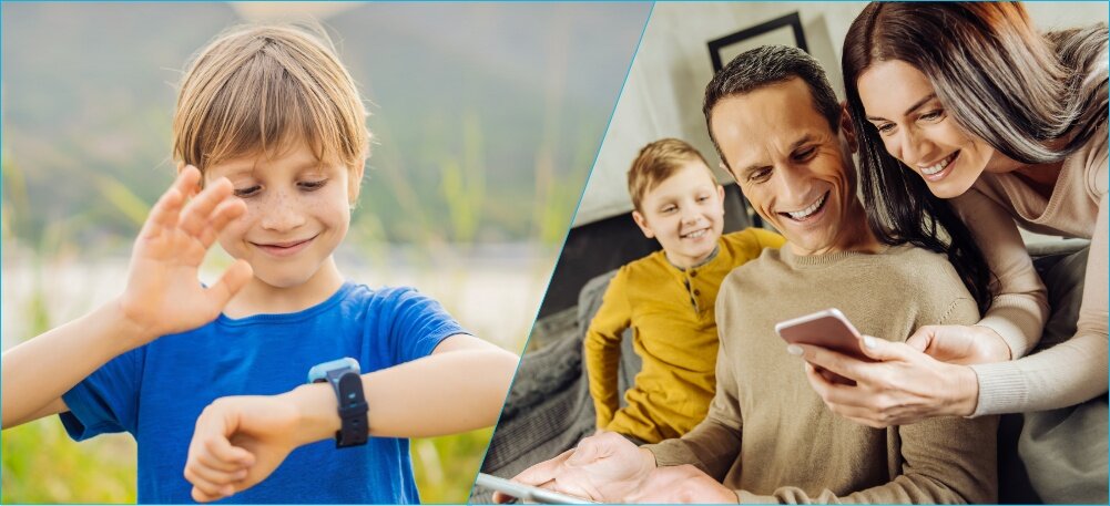 Po lewej stronie dziecko w niebieskiej koszulce patrzy na czarny smartwatch na nadgarstku. Po prawej stronie dorośli i dziecko uśmiechają się, patrząc na smartfon.