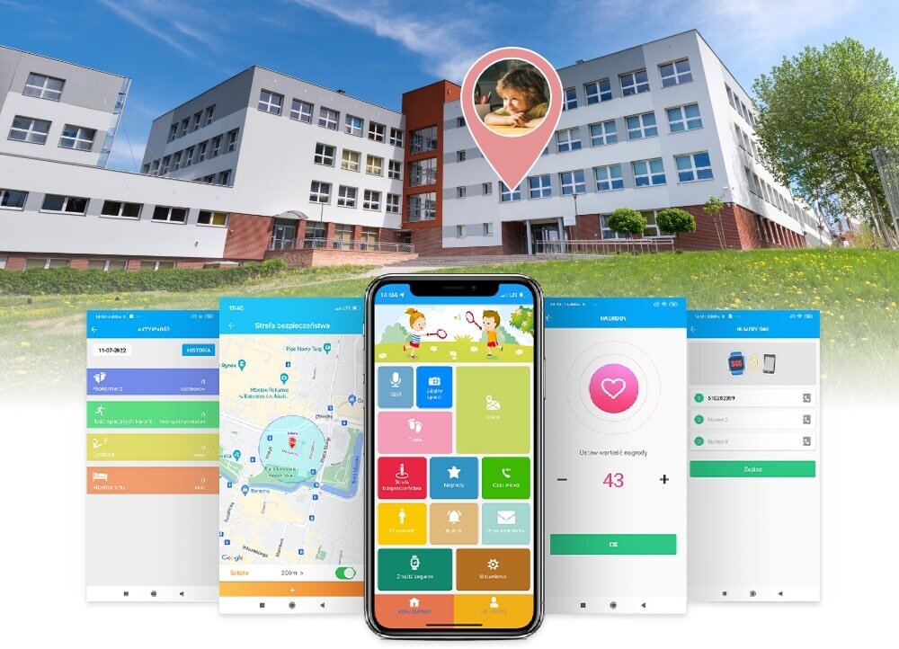 Na obrazie widoczny jest nowoczesny budynek z dużymi oknami, przed którym znajduje się trawa. Przed budynkiem umieszczono grafikę przedstawiającą ekran smartfona z aplikacją oraz kilka zrzutów ekranu z funkcjami aplikacji, takimi jak mapa i monitorowanie aktywności.