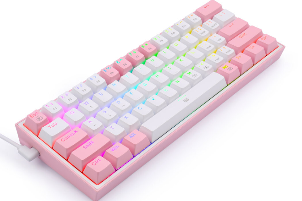 Klawiatura mechaniczna w kolorach biało-różowych z podświetleniem RGB. Widoczne klawisze to m.in. \'Esc\', \'Tab\', \'CapsLock\', \'Shift\', \'Ctrl\', \'Win\', \'Alt\'.