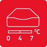 Czerwona ikona z białym symbolem szuflady i oznaczeniami temperatury 0, 4, 7 stopni Celsjusza.