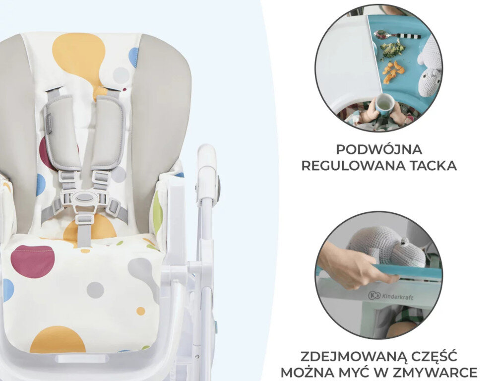 Krzesełko do karmienia z kolorowym wzorem i pasami bezpieczeństwa. Obok widoczne są dwa okrągłe zdjęcia z napisami: \'PODWÓJNA REGULOWANA TACKA\' oraz \'ZDEJMOWANĄ CZĘŚĆ MOŻNA MYĆ W ZMYWARCE\'.