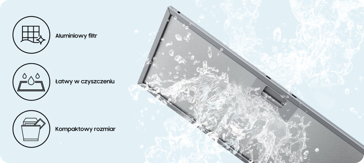 Obraz przedstawia aluminiowy filtr z okapu, na który pada woda, co sugeruje łatwość w czyszczeniu. Po lewej stronie znajdują się trzy ikony z podpisami: \'Aluminiowy filtr\', \'Łatwy w czyszczeniu\', \'Kompaktowy rozmiar\'.