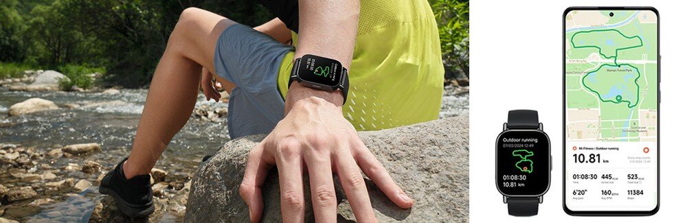 Osoba siedzi na kamieniu przy rzece, nosząc czarny smartwatch z wyświetlaczem pokazującym dane z biegu. Obok widoczny jest zbliżony obraz smartwatcha oraz smartfona z mapą i szczegółami trasy biegu.