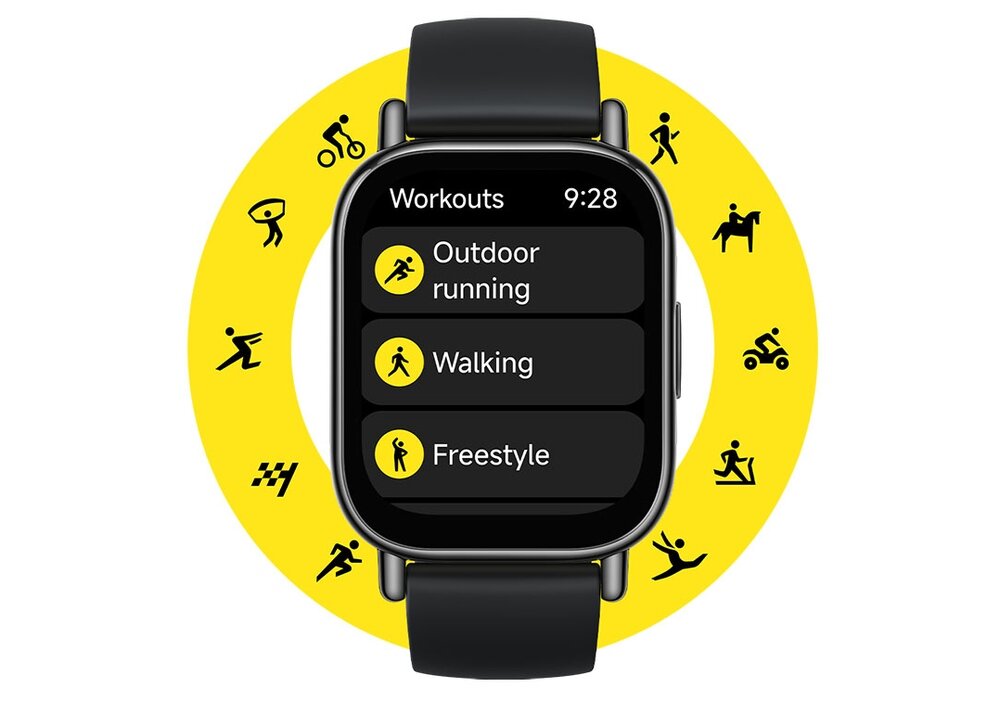 Smartwatch z czarnym paskiem wyświetla ekran z trzema opcjami treningowymi: \'Outdoor running\', \'Walking\', \'Freestyle\'. W tle znajduje się żółty okrąg z ikonami różnych aktywności sportowych.