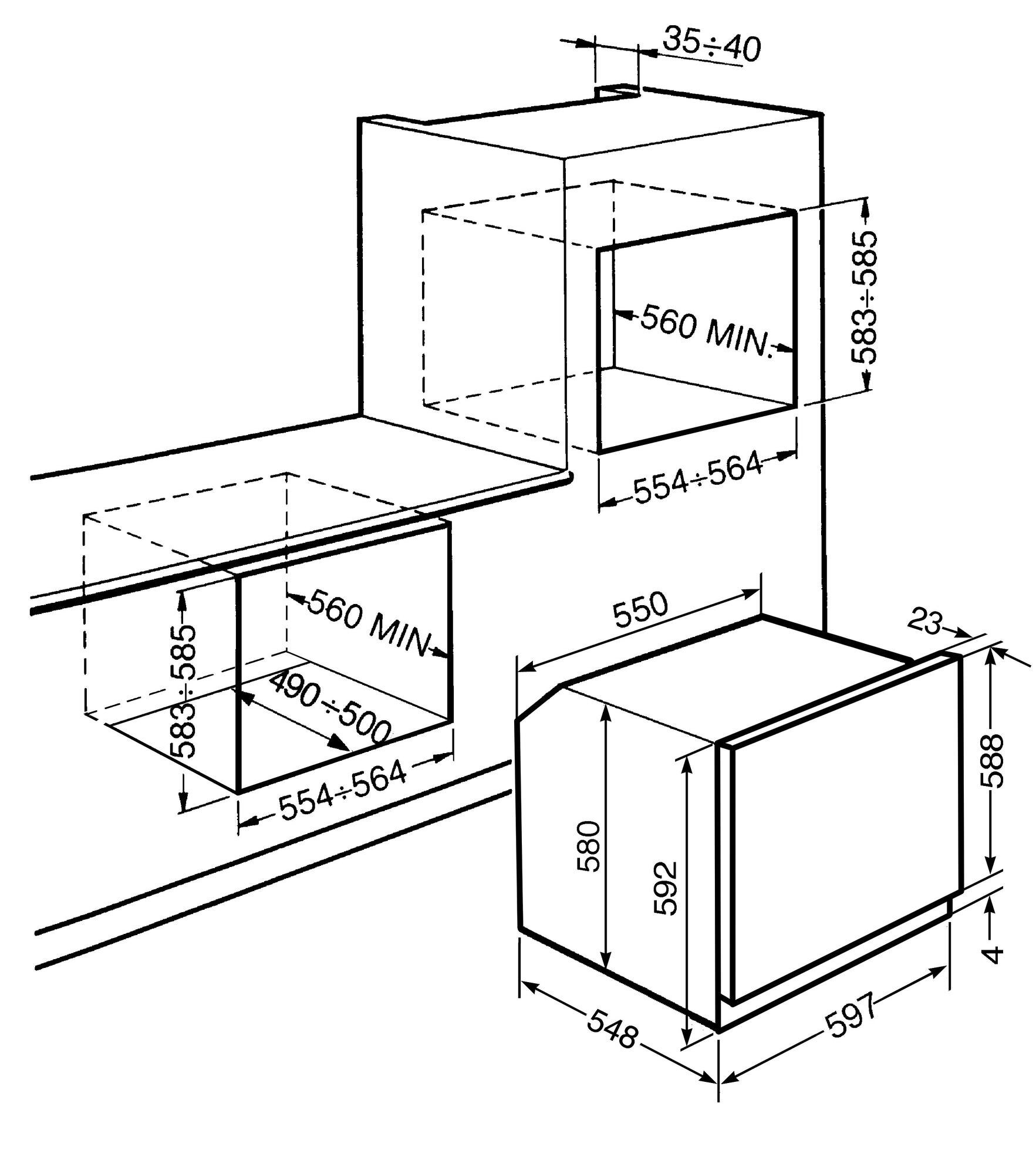 Schemat instalacji piekarnika z wymiarami: szerokość 597 mm, wysokość 588 mm, głębokość 548 mm. Minimalne wymiary wnęki to 560 mm szerokości, 583-585 mm wysokości, 550 mm głębokości.