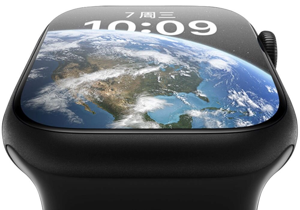 Smartwatch z czarną obudową wyświetla obraz Ziemi oraz godzinę 10:09. Na ekranie widoczny jest również tekst w języku azjatyckim.