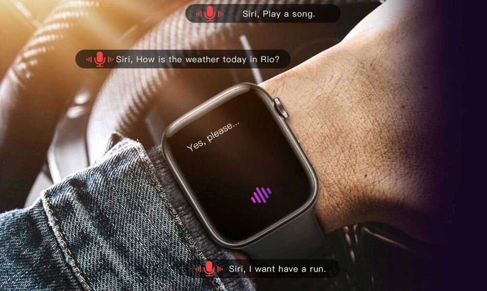 Osoba nosi smartwatch z czarnym paskiem, na ekranie widoczny jest napis \'Yes, please...\' oraz kolorowy symbol. W tle znajdują się teksty: \'Siri, Play a song.\', \'Siri, How is the weather today in Rio?\', \'Siri, I want have a run.\'.