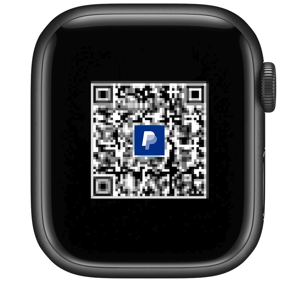 Na ekranie smartwatcha widoczny jest kod QR z logo PayPal pośrodku.