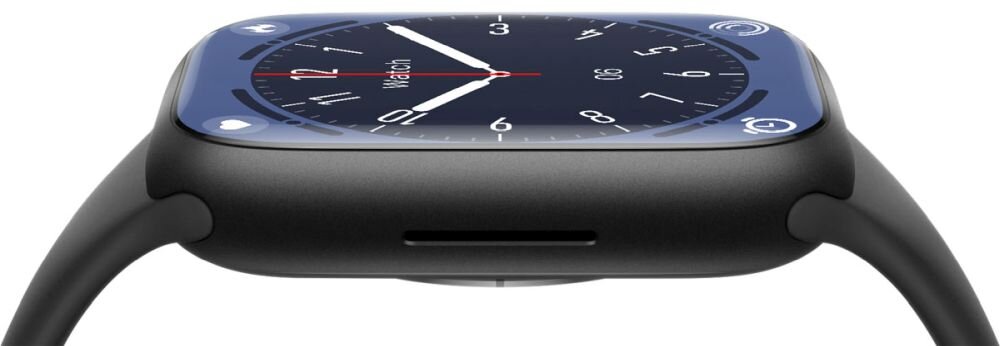 Czarny smartwatch z prostokątnym wyświetlaczem, na którym widoczna jest tarcza zegara z białymi wskazówkami i cyframi. Pasek zegarka jest również czarny.