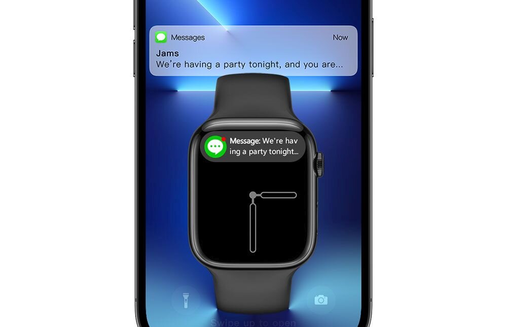 Na ekranie telefonu wyświetla się powiadomienie z aplikacji Messages o treści: \'Jams We\'re having a party tonight, and you are...\'. Na ekranie smartwatcha widoczny jest zegar oraz powiadomienie: \'Message: We\'re hav ing a party tonight...\'.