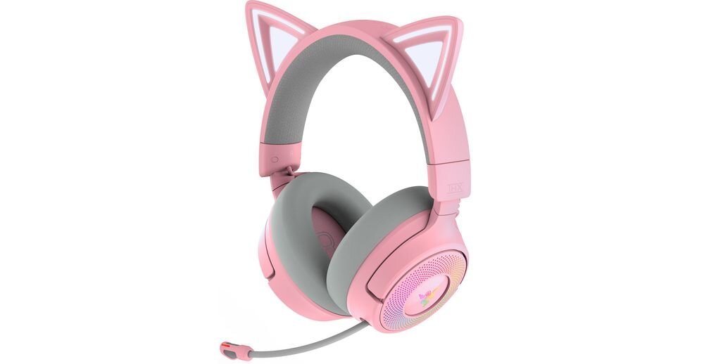 RAZER Kraken Kitty V3 Pro mikrofon full band 100 Hz 10 kHz, słuchawki po skosie na białym tle