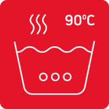 Czerwona ikona z symbolem miski z wodą i trzema kropkami oraz napisem \'90°C\'.