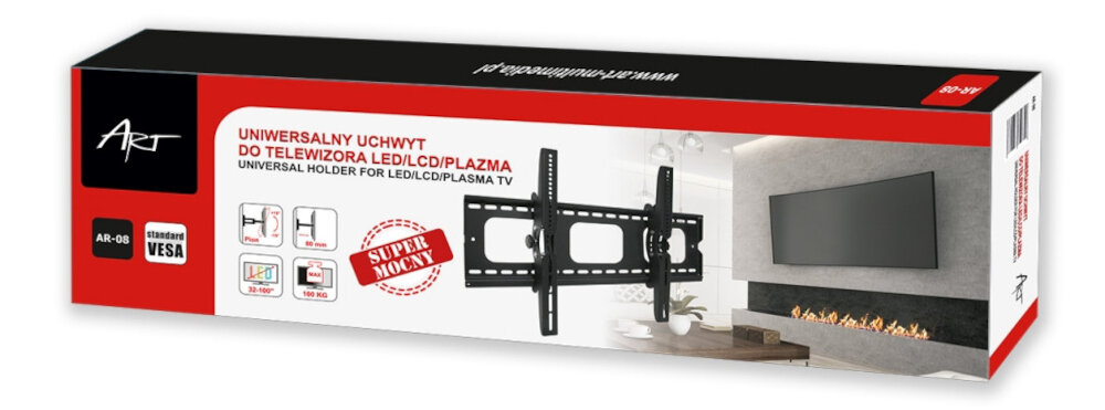 Opakowanie produktu z napisem \'UNIWERSALNY UCHWYT DO TELEWIZORA LED/LCD/PLAZMA\' oraz \'UNIVERSAL HOLDER FOR LED/LCD/PLASMA TV\'. Widoczny jest czarny uchwyt do telewizora i logo \'Art\'.