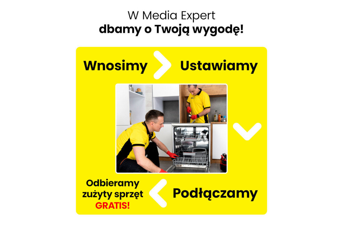 Na obrazie widoczna jest zmywarka z otwartymi drzwiami, a obok niej dwóch mężczyzn w żółtych koszulkach. Tekst: \'W Media Expert dbamy o Twoją wygodę! Wnosimy, Ustawiamy, Odbieramy zużyty sprzęt GRATIS!, Podłączamy\'.