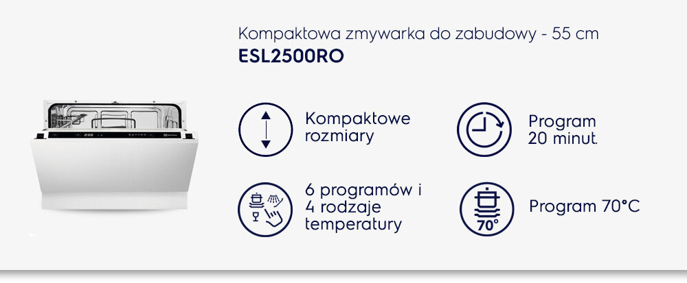 Obraz przedstawia kompaktową zmywarkę do zabudowy o szerokości 55 cm, model ESL2500RO. Widoczne są ikony informujące o kompaktowych rozmiarach, programie 20 minut, 6 programach i 4 rodzajach temperatur oraz programie 70°C.