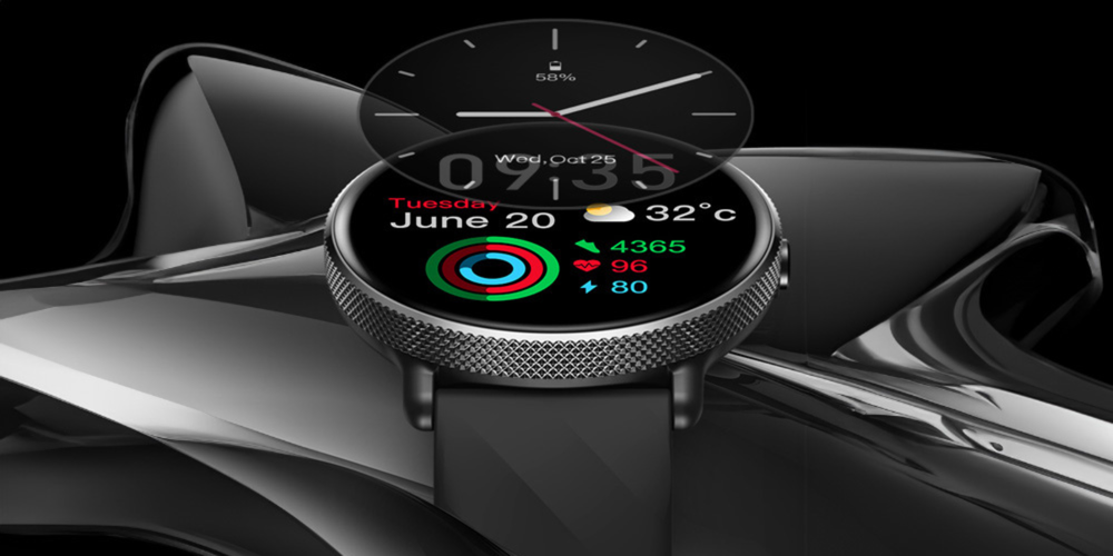 Smartwatch z okrągłym wyświetlaczem pokazuje datę, godzinę, temperaturę oraz dane dotyczące aktywności fizycznej. Na ekranie widoczny jest tekst: \'Tuesday June 20\', \'32°C\', \'4365\', \'96\', \'80\'.