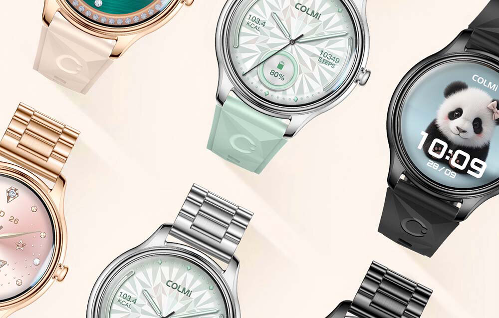 Na obrazie widoczne są różne modele smartwatchy marki COLMI z różnymi tarczami, w tym z motywem pandy i wskaźnikiem aktywności. Smartwatche mają różne kolory pasków, w tym złoty, srebrny, miętowy i czarny.