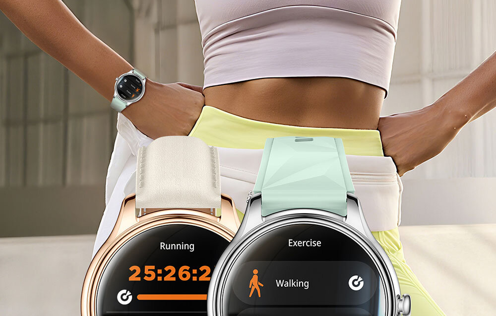 Na pierwszym planie widoczne są dwa smartwatche z okrągłymi tarczami, jeden z nich pokazuje czas 25:26:12 i tryb \'Running\', a drugi tryb \'Exercise\' z ikoną chodzenia. W tle osoba w sportowym stroju z rękami na biodrach.