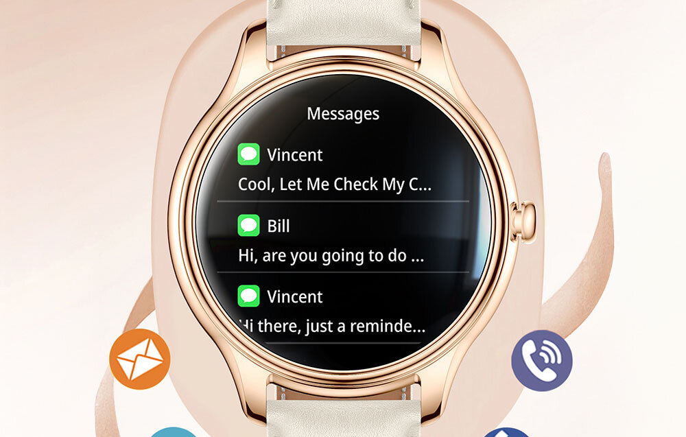 Złoty smartwatch z białym paskiem wyświetla ekran z wiadomościami od Vincenta i Billa. W tle widoczne są ikony aplikacji komunikacyjnych.