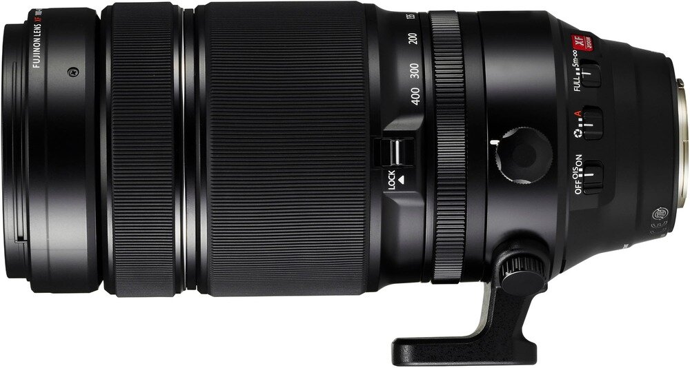 Czarny obiektyw fotograficzny z widocznymi oznaczeniami ogniskowej od 100 do 400 mm oraz przełącznikami oznaczonymi jako \'FULL-S\', \'Q-A\', \'ON/OFF\'.