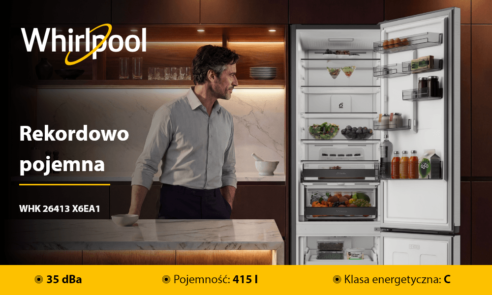 LODÓWKA WHIRLPOOL WHK 26413 X6EA1 Otwarte drzwi lodówki Whirlpool pokazują półki wypełnione produktami spożywczymi. Obok urządzenia stoi osoba, a na grafice widoczne są informacje: 35 dBa, 415 l i klasa energetyczna C