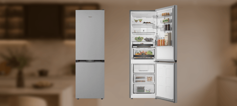 LODÓWKA WHIRLPOOL WHK 26413 X6EA1 Lodówka Whirlpool pokazana w dwóch ujęciach: z zamkniętymi i otwartymi drzwiami. W tle znajduje się rozmyta aranżacja kuchni oświetlenie LED wyświetlacz cyfrowy zintegrowany uchwyt drzwi licowane