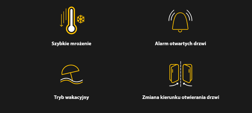 LODÓWKA WHIRLPOOL WHK 26413 X6EA1 Czarna grafika z czterema ikonami i podpisami: „Szybkie mrożenie”, „Alarm otwartych drzwi”, „Tryb wakacyjny” oraz „Zmiana kierunku otwierania drzwi” szybkie mrożenie alarm drzwi tryb wakacyjny wygoda użytkowania