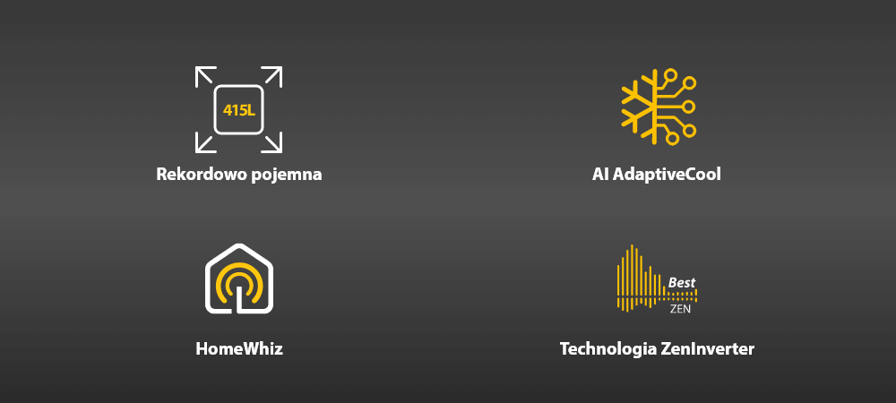 LODÓWKA WHIRLPOOL WHK 26413 X6EA1 Grafika na ciemnym tle przedstawia cztery ikony z podpisami: „Rekordowo pojemna 415 l”, „AI AdaptiveCool”, „HomeWhiz” oraz „Technologia ZenInverter”. Kolorystyka utrzymana jest w odcieniach szarości, bieli i żółci AI AdaptiveCool pojemność 415 l HomeWhiz zdalne sterowanie ZenInverter