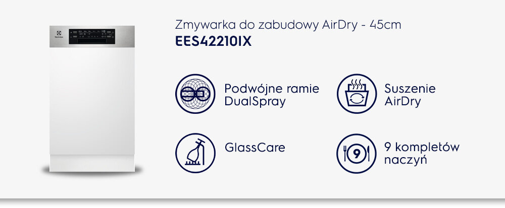 Obraz przedstawia zmywarkę do zabudowy z panelem sterowania na górze. Obok znajdują się ikony z opisami: \'Podwójne ramie DualSpray\', \'Suszenie AirDry\', \'GlassCare\', \'9 kompletów naczyń\'.