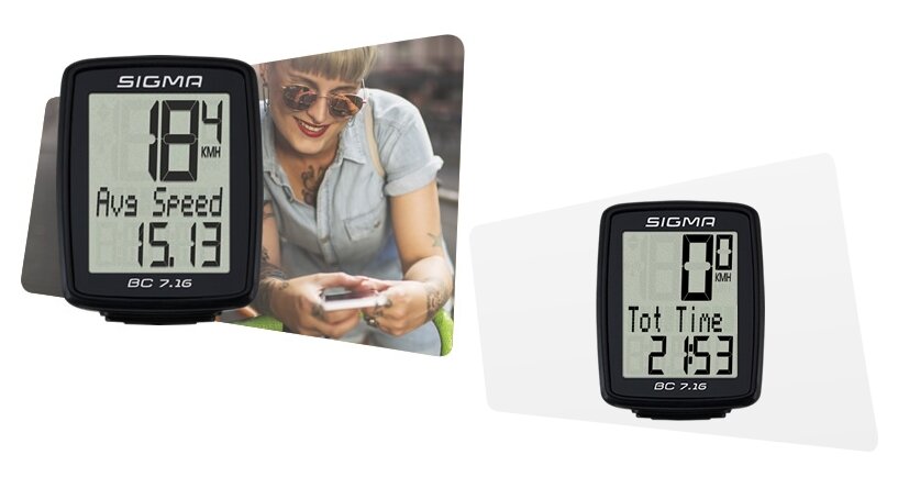 Licznik rowerowy SIGMA BC 7.16 z wyświetlaczem pokazującym prędkość 18.4 KM/H i średnią prędkość 15.13. Obok widoczna jest osoba trzymająca telefon oraz drugi licznik z wyświetlaczem pokazującym czas całkowity 2:53.