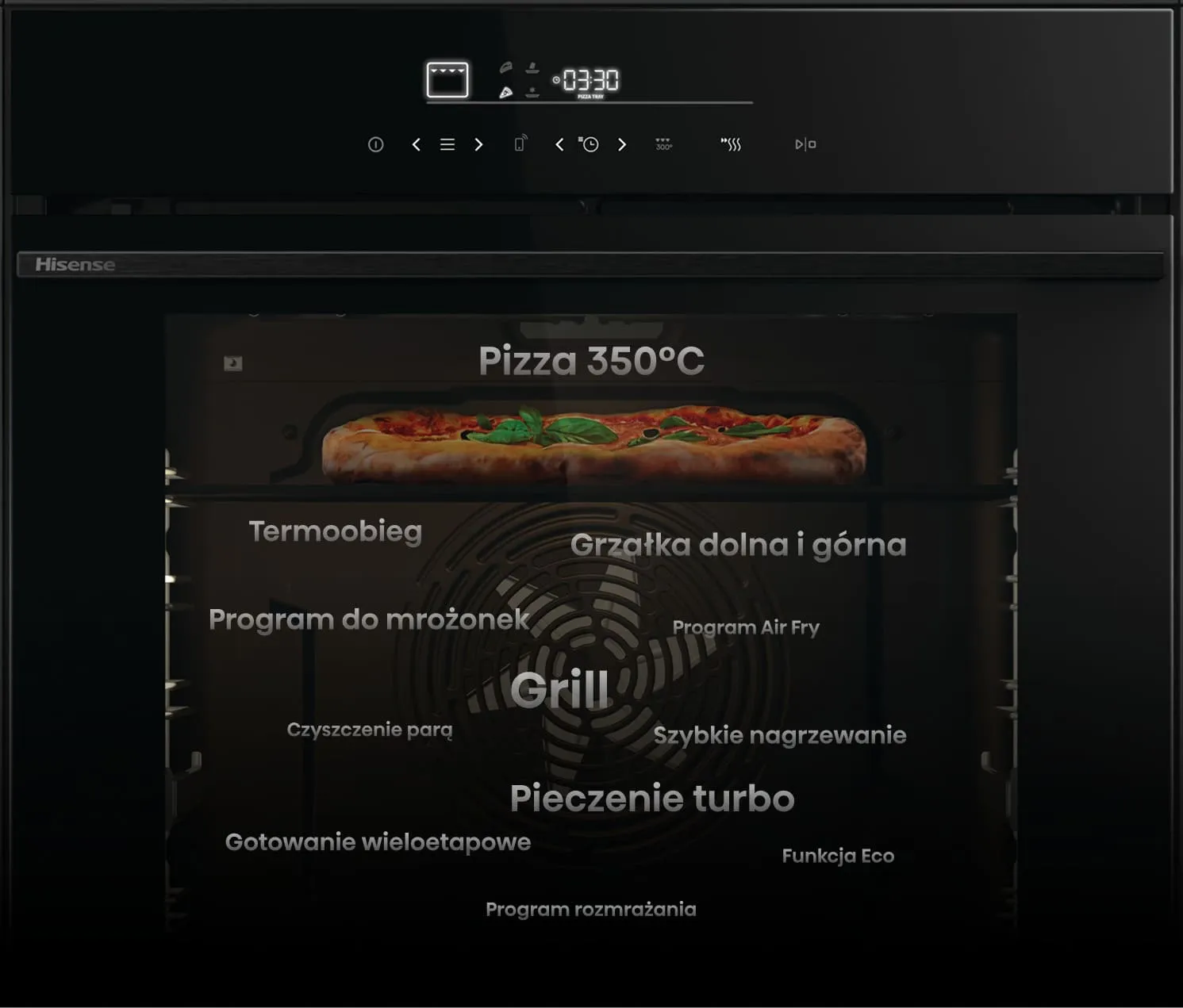 Czarny piekarnik z wyświetlaczem cyfrowym pokazującym czas 03:30 i różnymi ikonami. Na drzwiach piekarnika widoczny jest tekst: \'Pizza 350°C, Termoobieg, Grzałka dolna i górna, Program do mrożonek, Program Air Fry, Czyszczenie parą, Szybkie nagrzewanie, Grill, Pieczenie turbo, Gotowanie wieloetapowe, Funkcja Eco, Program rozmrażania\'.