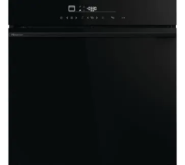Czarny piekarnik z panelem dotykowym i wyświetlaczem cyfrowym na górze. Widoczne jest logo \'Hisense\'.