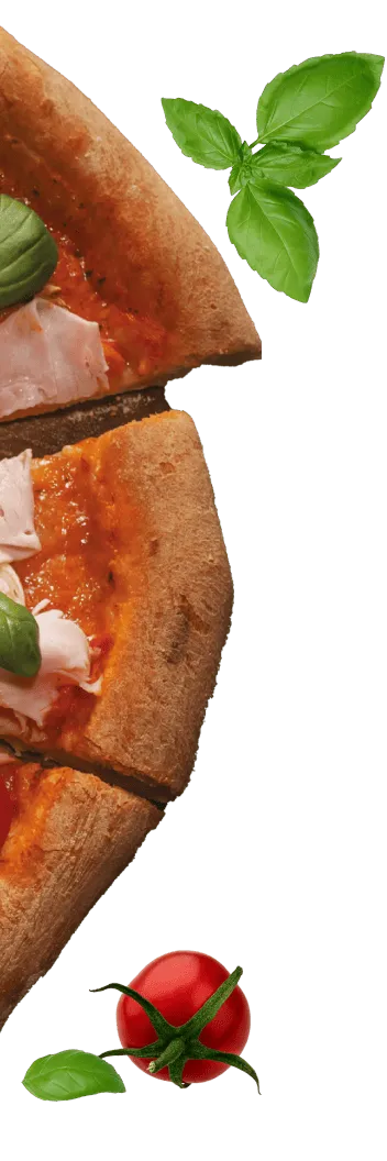 Na obrazie widoczny jest kawałek pizzy z sosem pomidorowym, szynką i liśćmi bazylii. Obok pizzy znajduje się pomidor i liść bazylii.