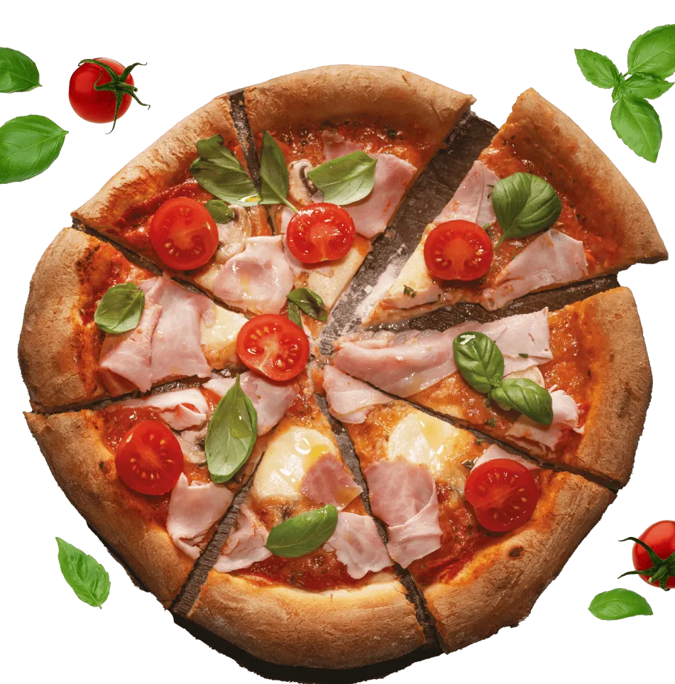 Pizza pokrojona na osiem kawałków, z dodatkami takimi jak plasterki szynki, pomidorki koktajlowe i liście bazylii. Wokół pizzy widoczne są dodatkowe liście bazylii i pomidorki.
