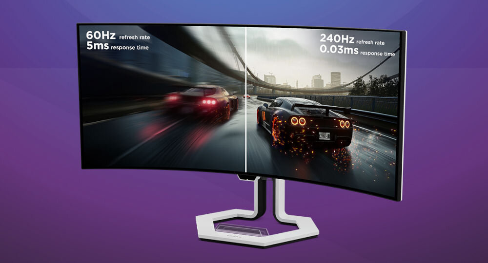 Monitor z zakrzywionym ekranem wyświetla obraz z wyścigowymi samochodami, podzielony na dwie części z różnymi parametrami odświeżania: 60Hz i 240Hz. Widoczny tekst to \'60Hz refresh rate 5ms response time\' oraz \'240Hz refresh rate 0.03ms response time\'.